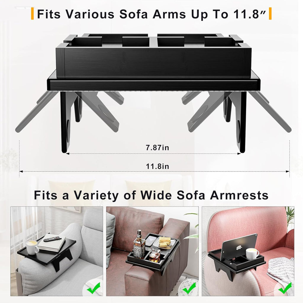 Bamboo Couch Cup Holder Tray - 2 in 1 Couch Armrest Table with Be Slide-Away Detachable Double Holder - Foldable Sofa Armchair Caddy for Drinking Snacks iPad TV Remote (Black)