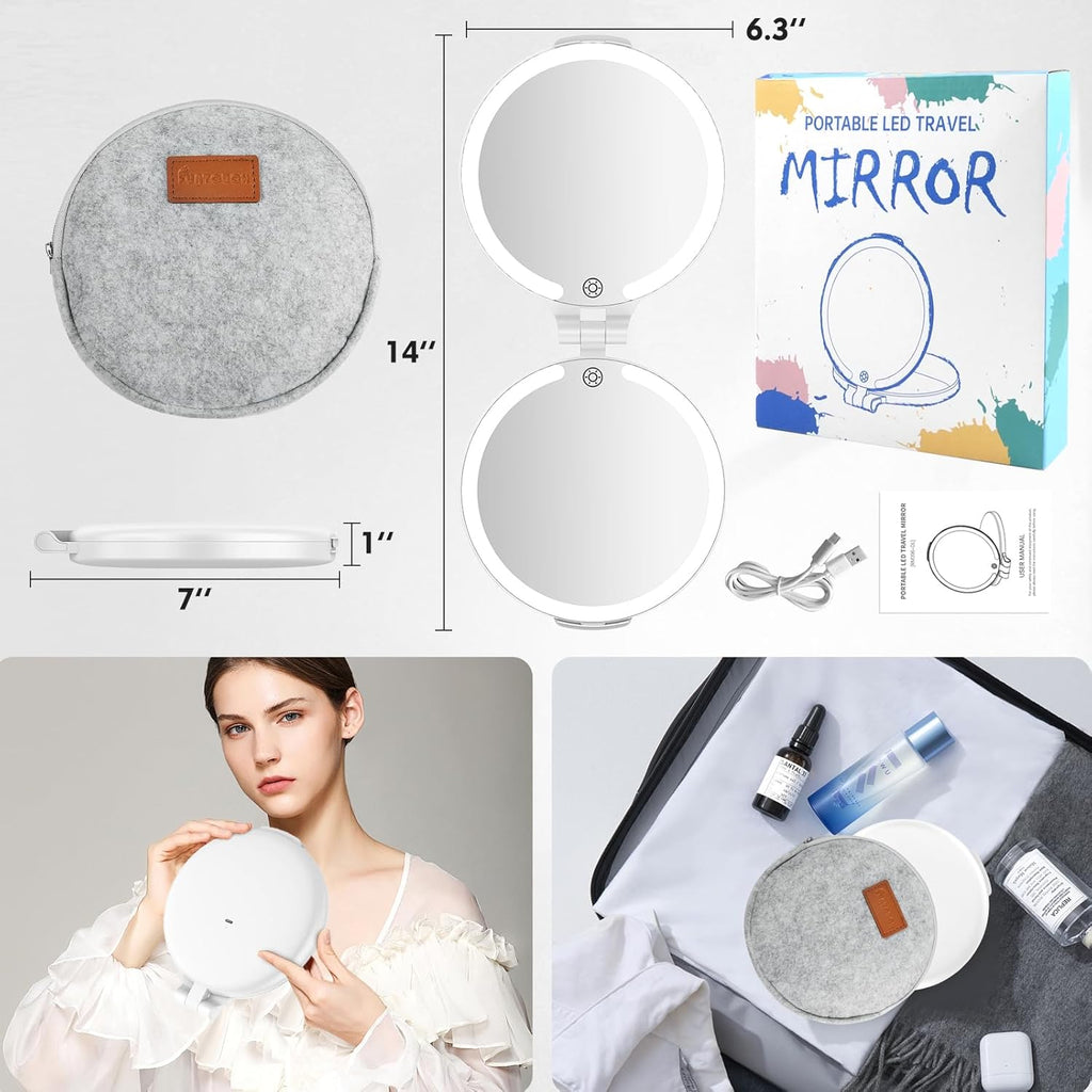 FUNTOUCH Travel Mirror with Lights and Magnification, 1X/10X Double Sided Makeup Vanity Mirror with 3 Color Setting, Christmas Birthday Gifts for Women Girls with Bag