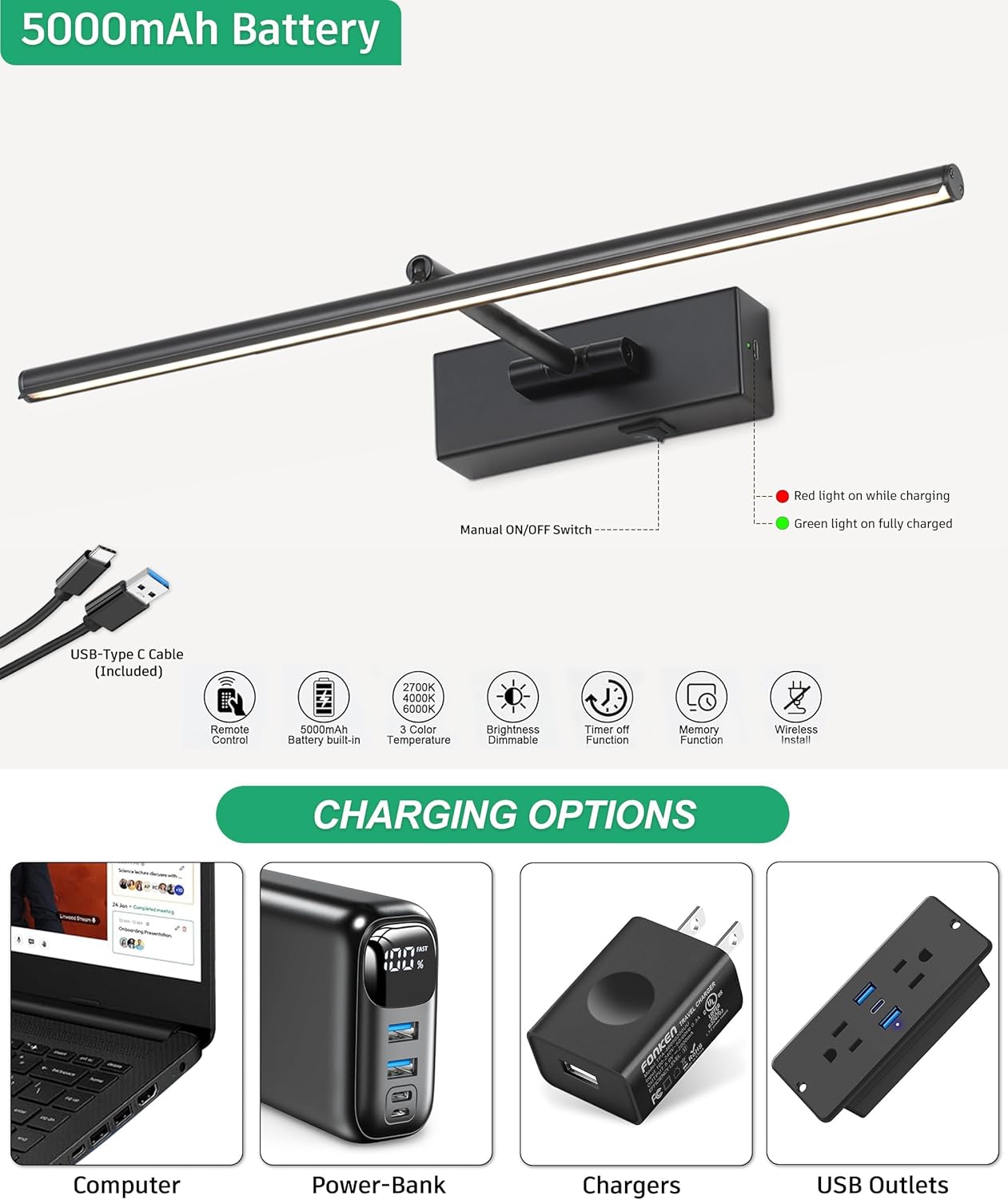 Battery Operated Picture Light with Wireless Remote 3CCT Dimmable Black Wall Art Lights for Paintings Rechargeable Home Decor Gallery Light 20'' Artwork Lighting for Canvas Timer Function
