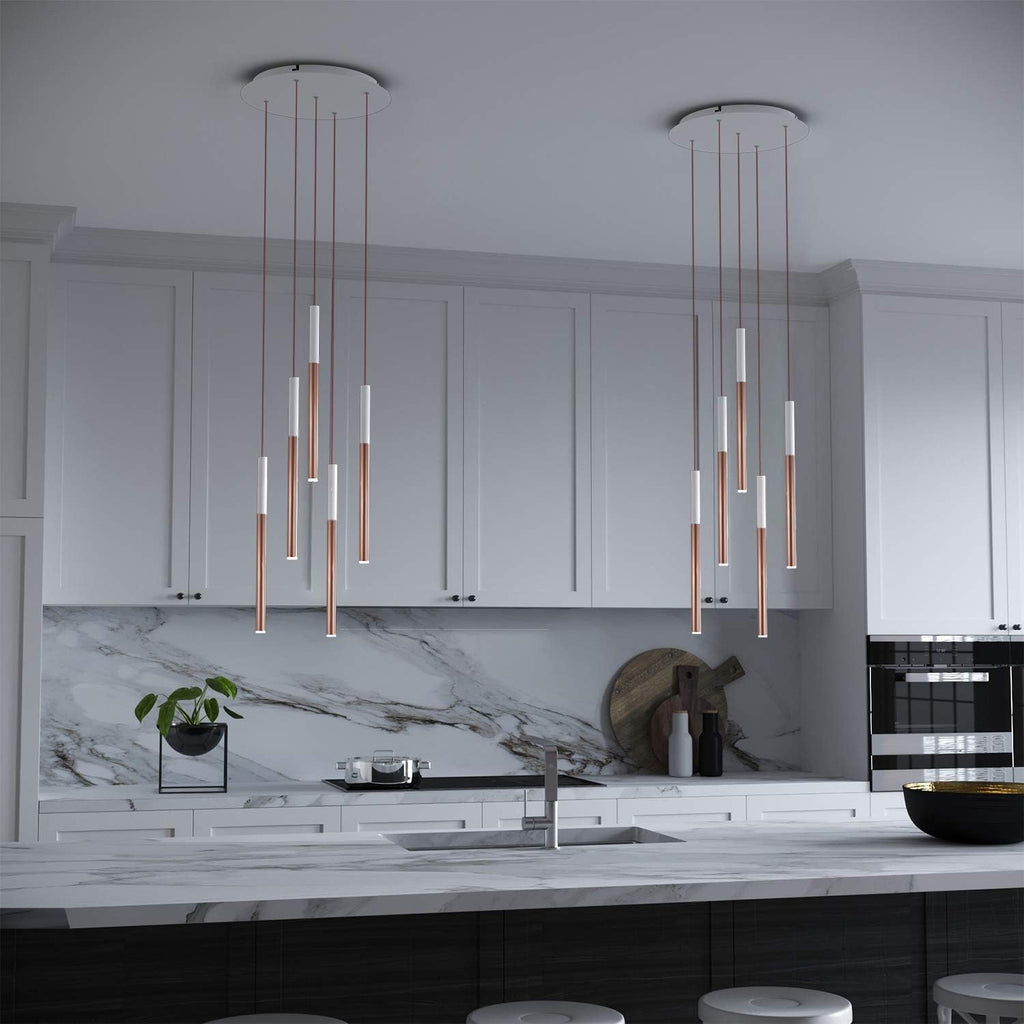 ALTAIR 5 Mini Pendant Lighting White-Copper - LED Hanging Light Fixture for Kitchen Island, Bar, Foyer - Cluster Pendants - Dimmable, Adjustable Wire, Lamp Bulb Included