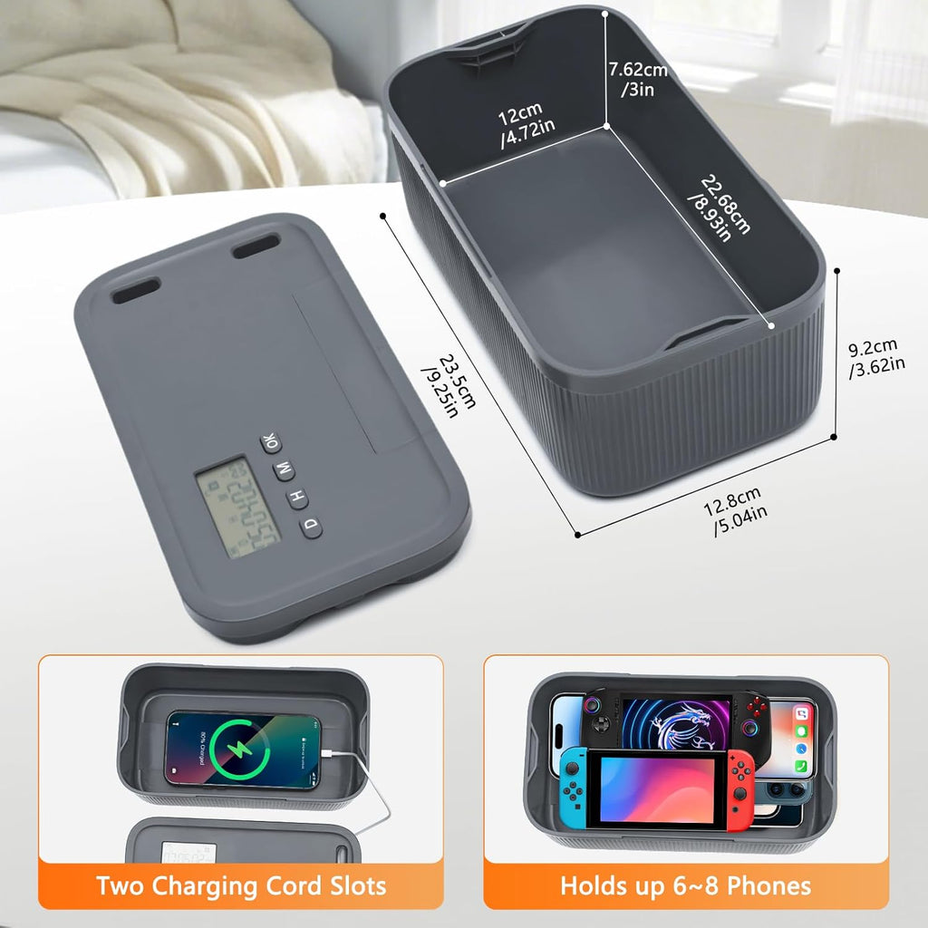 Timed Lock Box for Phone & Snacks | 2-in-1 Smart Lock with Digital Timer & Quick Access | BPA-Free Refrigerator Safe Container for Medicine,Electronics (5.5x5.5x6.3in) Gray