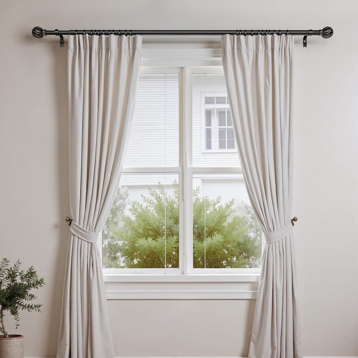 Oneach Black Curtain Rods for Windows 48 to 84 Inch, 7/8" Adjustable Heavy Duty Decorative Drapery Rods with Round Netted Texture Finials (Pack of 1, 36 to 88 Inch)
