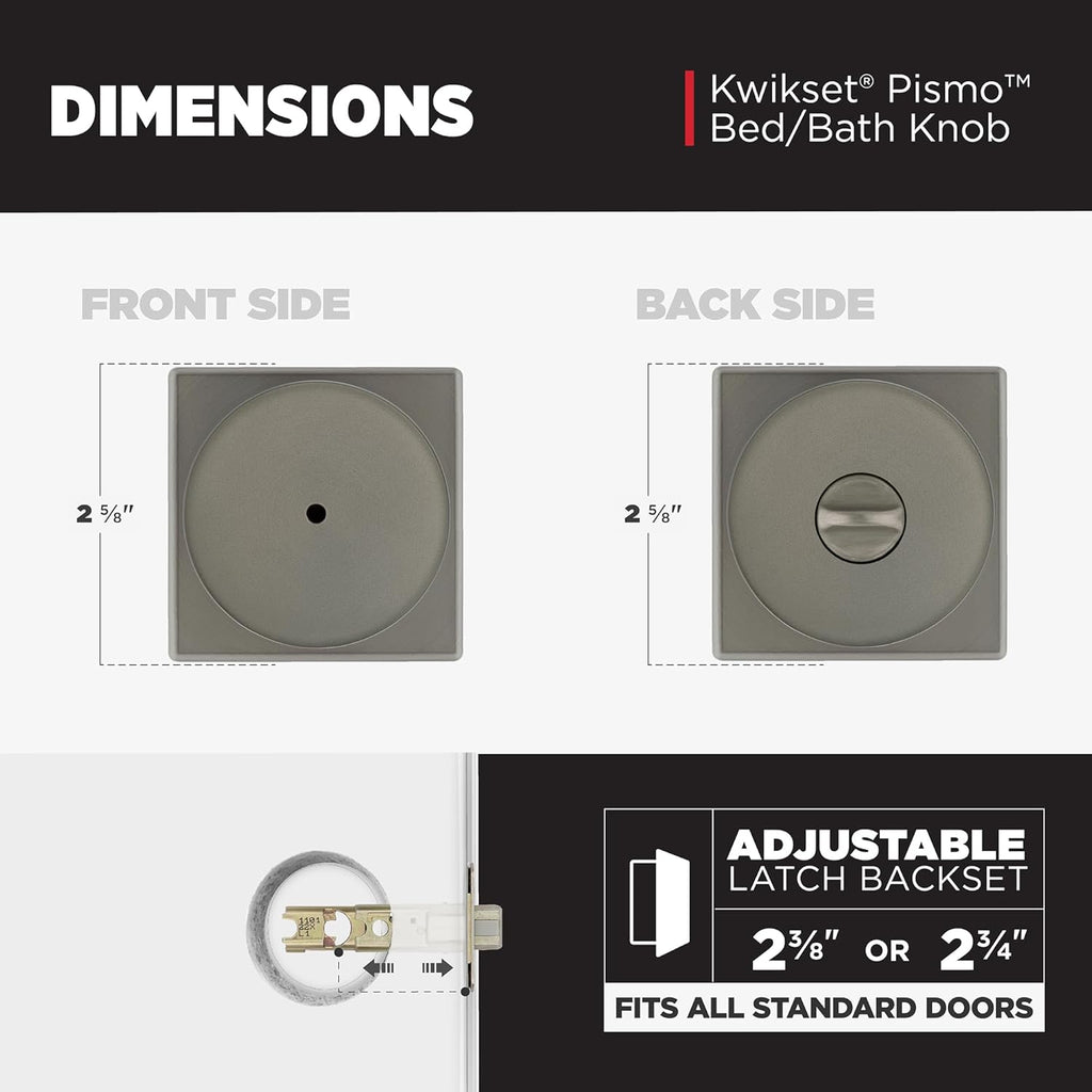 Kwikset Pismo Interior Square Privacy Door Knob with Lock, Door Handle for Bathroom and Bedroom, Gunmetal Keyless Turn Lock Doorknob