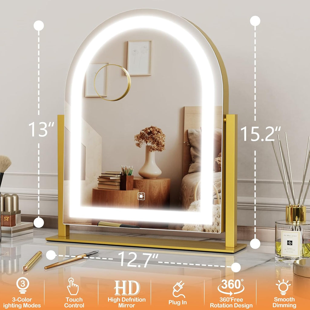 Vanity Mirror with Lights, 15.2’’ LED Makeup Mirror Detachable 10X Magnification, Smart Touch Control, 3 Color Lighting Modes,360°Rotation Tabletop Make Up Mirror for Bedroom Bathroom(Curved)
