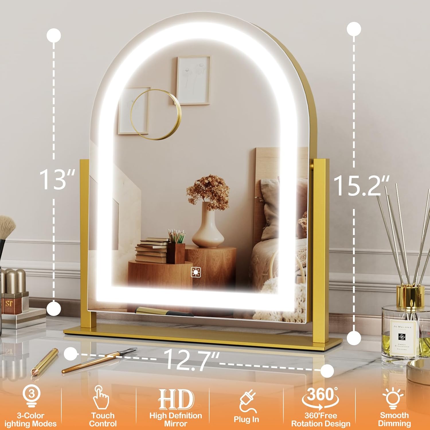 Vanity Mirror with Lights, 15.2’’ LED Makeup Mirror Detachable 10X Magnification, Smart Touch Control, 3 Color Lighting Modes,360°Rotation Tabletop Make Up Mirror for Bedroom Bathroom(Curved)