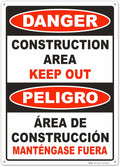 Brimar - 10" x 14" - Bilingual Danger Construction Area Keep Out Sign - .055″ Polyethylene Plastic - Bold Text And Symbol - Easy Installation