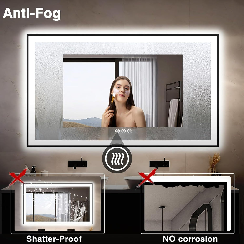 55x36 LED Bathroom Mirrors for Wall -Black Aluminum Trim (Front and Backlit), Anti-Fog Light Up Mirror,Stepless Dimmable Lighted Mirror,3 Colors Smart Mirror(Horizontal/Vertical)