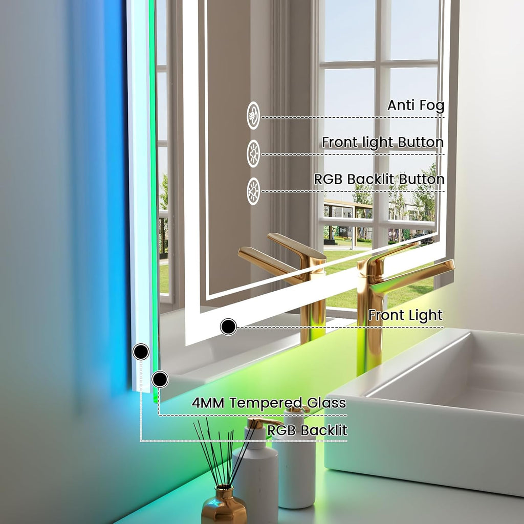 44x32 inch LED Bathroom Mirror with RGB Lights, Color Changing Backlit Mirror, Shatterproof, Dimmable Anti-Fog, Lighted Vanity Mirror (RGB Multicolor Backlit + Adjustable Front-Lighted)
