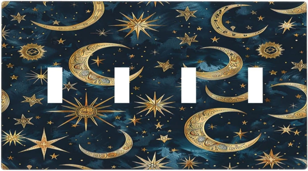 Light Switch Covers Modern Abstract Sky Blue Gold Moon Sun Star Quad Toggle Electrical Faceplate 4 Gang Wall Plate Decorative Switch Plates for Bedroom Kids room Decor