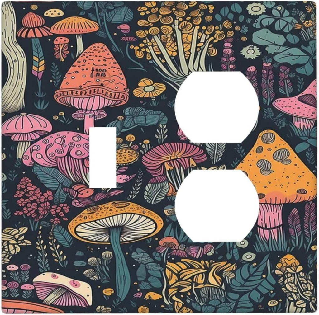 Decorative Outlet Covers Cartoon Comics Colorful Mushrooms 2 Gang Wall Plate Cover Single Toggle Duplex Combo Two Switch Light Switch Cover Plate Jumbo Dual GFCI Faceplate