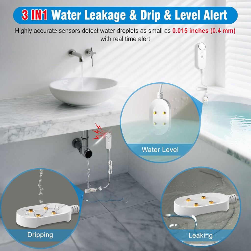 Daytech Water Sensor Alarm Leak Detector – 100dB Loud Alert, 6.5ft Detection Cable, 4 Volume Levels, Water Detector Sensor for Basement, Bathroom, Laundry, Kitchen, Sump Pump & Home