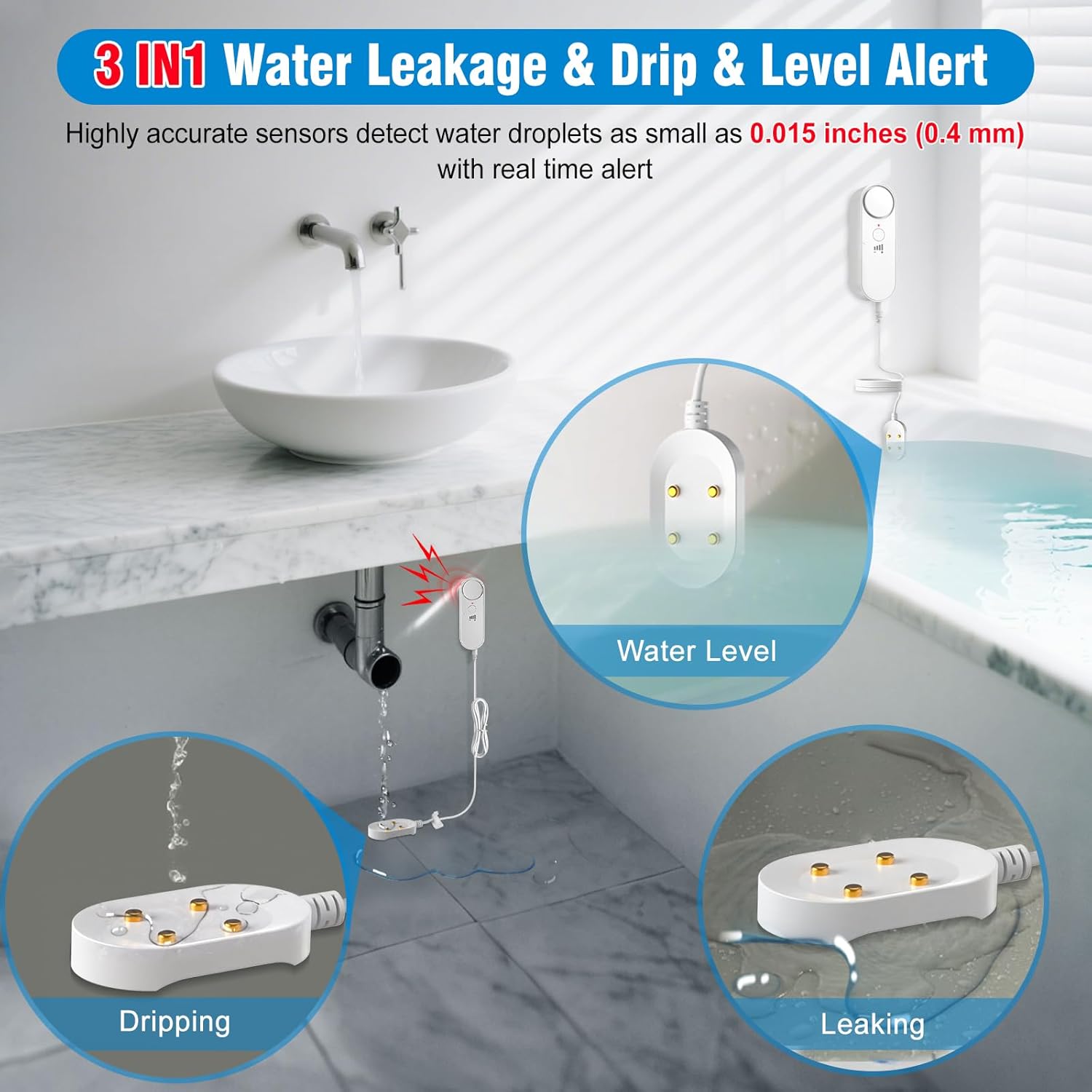 Daytech Water Sensor Alarm Leak Detector – 100dB Loud Alert, 6.5ft Detection Cable, 4 Volume Levels, Water Detector Sensor for Basement, Bathroom, Laundry, Kitchen, Sump Pump & Home