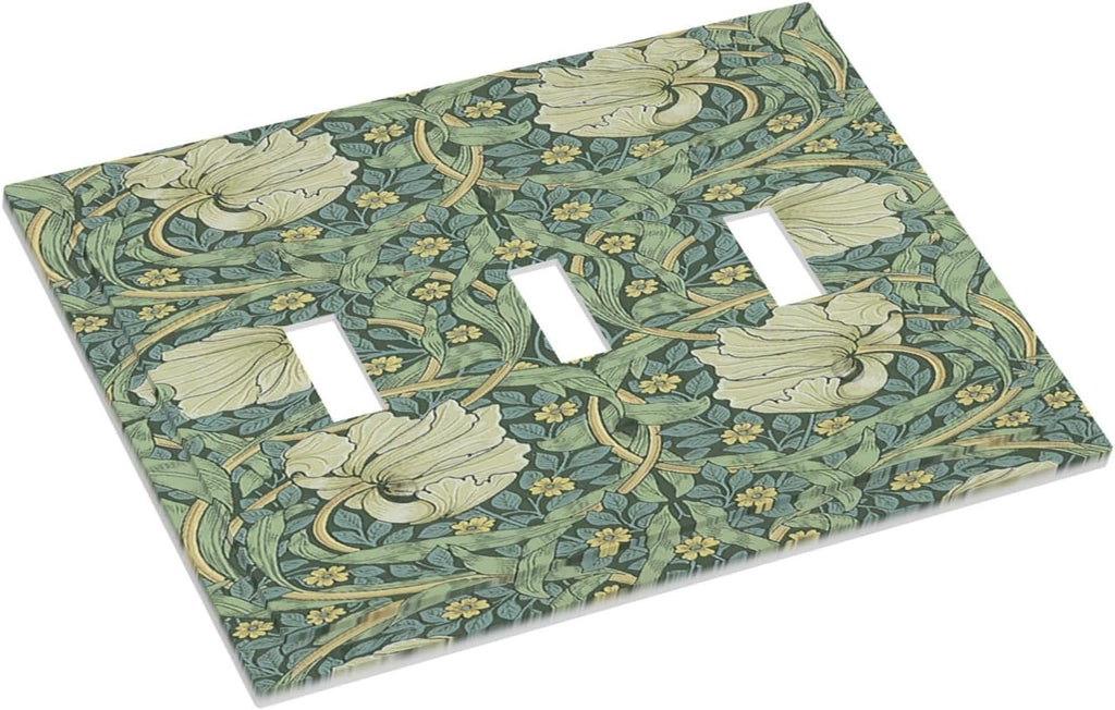 Decorative Switch Plates Vintage Floral Plant Sage Green William Morris 3 Gang Wall Plate Faceplate Triple Toggle Light Switch Cover Electrical Wall Panels for Bedroom Home Decor