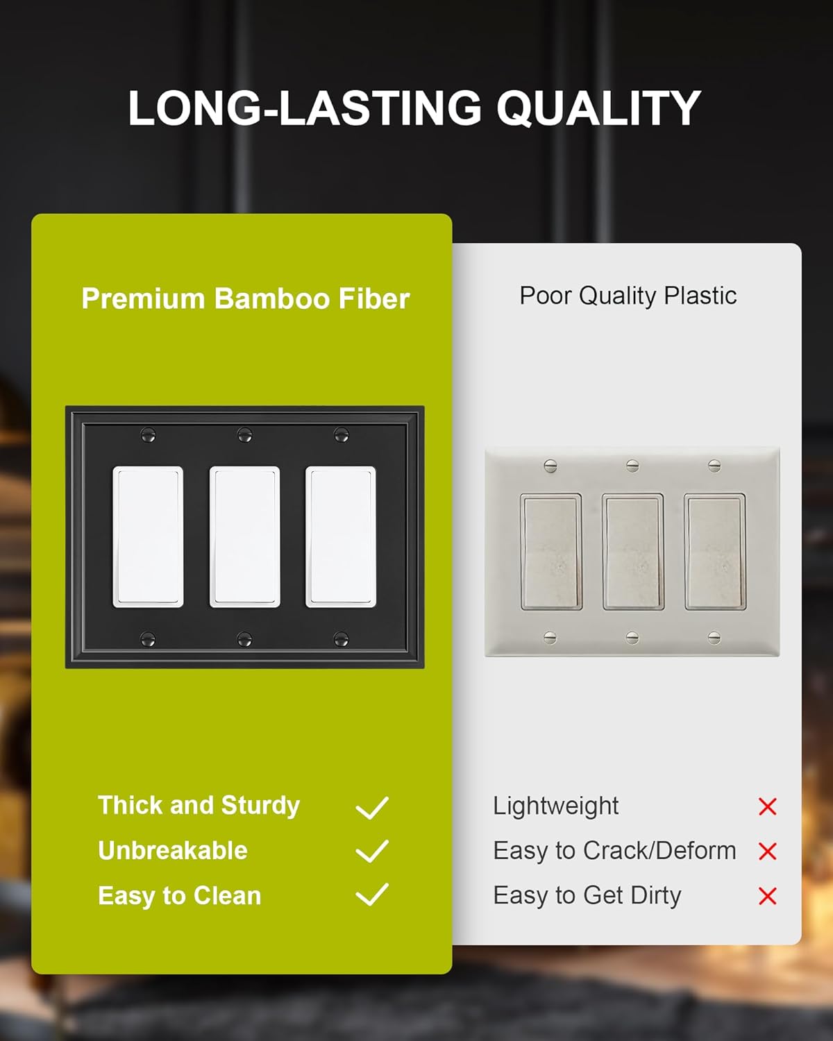 2-Pack Triple Decorator Outlet Cover Plate, Black Decorative Switch Plates and Outlet Covers, Natural Bamboo Fiber Wall Plates for Electrical Outlets, Receptacle, GFCI Outlet, Dimmer Switch