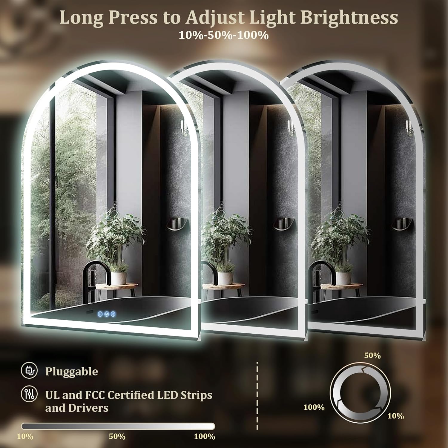 BEAUTYPEAK 40x30 LED Arch Bathroom Mirror with Lights, Anti-Fog, Dimmable, Backlit + Front Lit, Lighted Bathroom Vanity Mirror for Wall, 3 Colors, Memory Function, Tempered Glass, Shatter-Proof