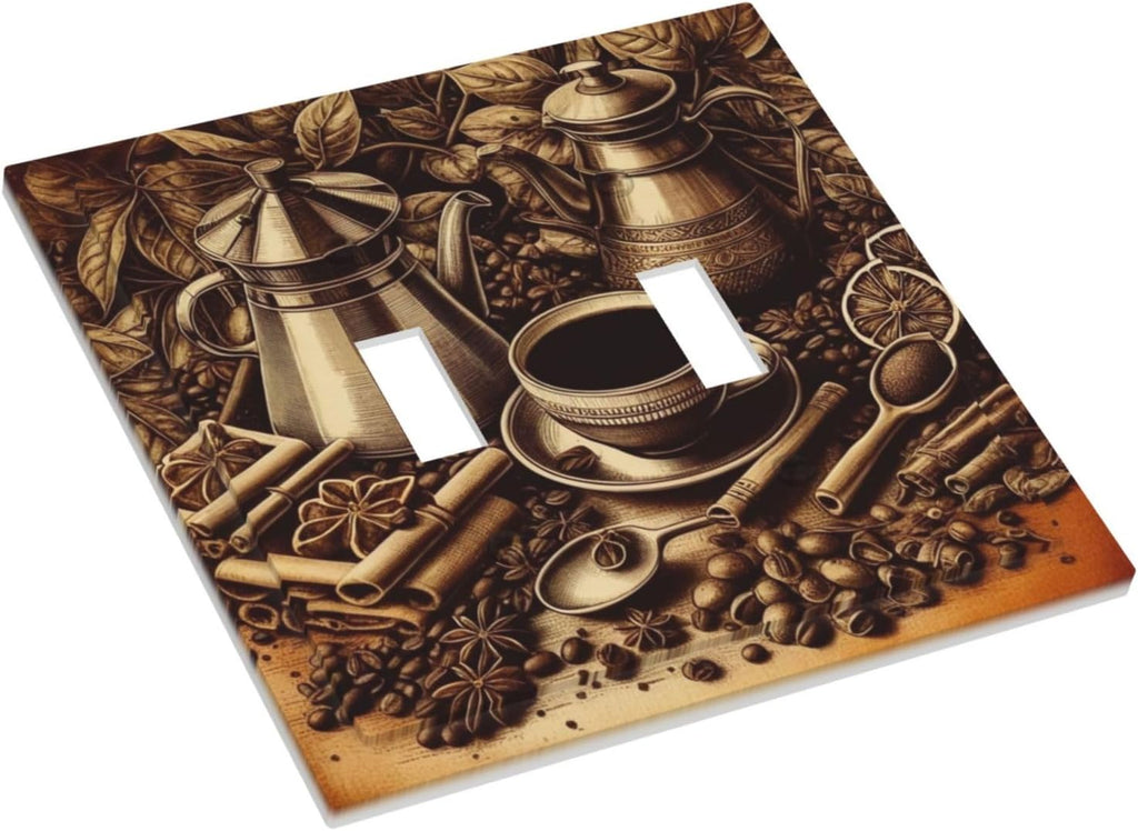 Decorative Light Switch Cover Plate Vintage Coffee Beans Leaf Cup 2 Gang Wall Plate Oversized Double Toggle Two Switch Wall Cover Plate Dual Device Faceplate
