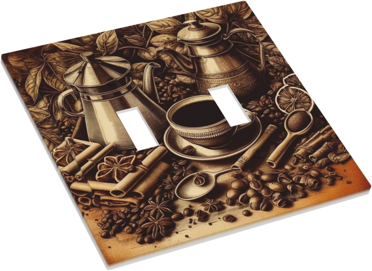 Decorative Light Switch Cover Plate Vintage Coffee Beans Leaf Cup 2 Gang Wall Plate Oversized Double Toggle Two Switch Wall Cover Plate Dual Device Faceplate