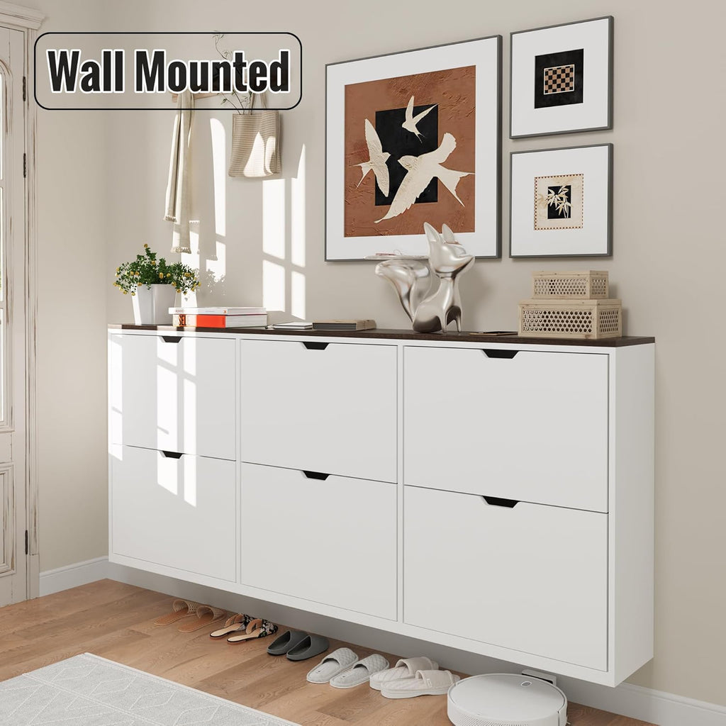 70.9" W Large Shoe Storage Cabinet with 6 Flip Drawers, White Shoe Organizer Cabinet for Up to 36 Pairs, Narrow Shoe Cabinet for Entryway, Hallway, Living Room