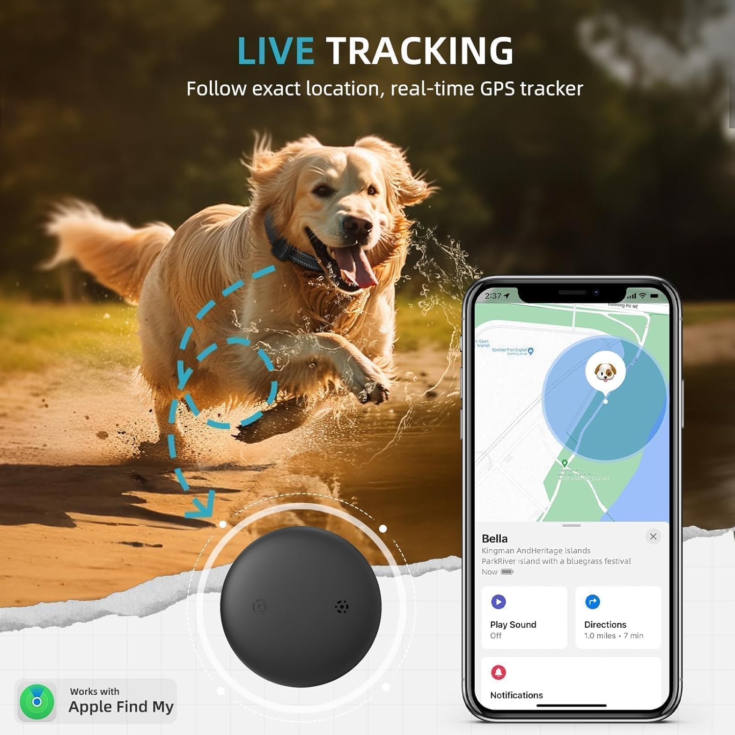 GPS Tracker for Dogs, Mini GPS Cat Tracker, Smart Pet Activity Tracker (iOS Only), No Monthly Fee, Compatible with Apple Find My, Anti-Lost, Finder Tag for Vehicles/Pets/Kids/Items (1 Pack)
