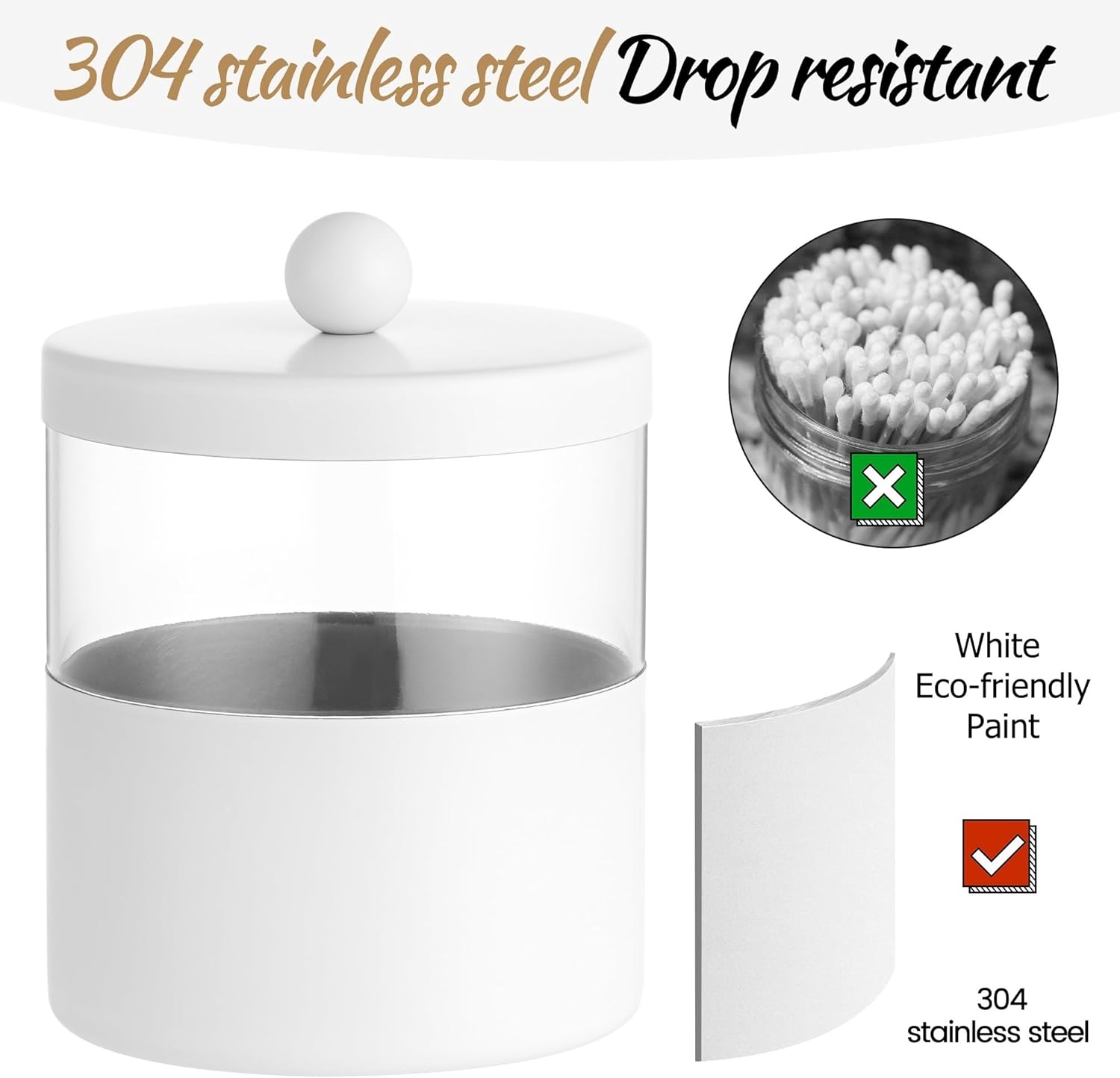 Gaussra White Apothecary Jars, White Qtip Holder - Stainless Steel Bathroom Jar with Stickers - Farmhouse Decor Qtip Dispenser for Qtips, Cotton Balls, Swabs, Makeup Sponges (2-Pack)