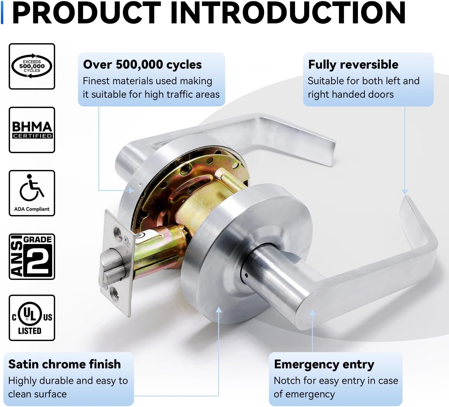 BSEED BSED Passage Commercial Door Lever Lock, Heavy Duty Grade 2 Lever Handle, ADA Compliant, UL 3 Hour Fire Rated, Non-Handed, Satin Chrome Finish, 2-3/4" Backset for Hallway & Office Doors