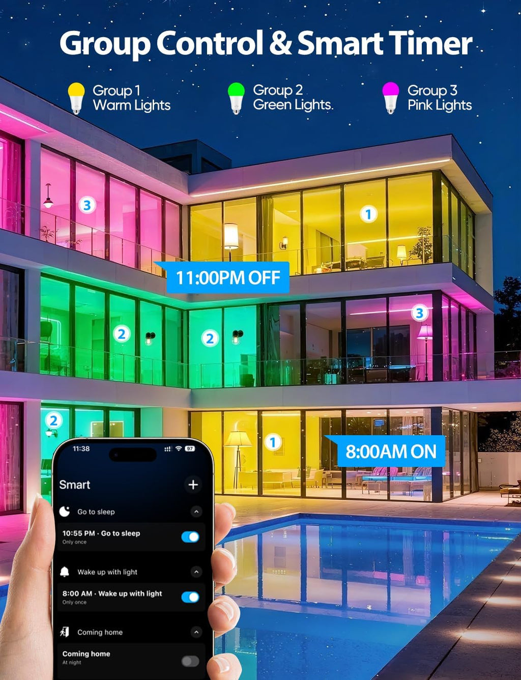 Smart Light Bulbs, Work with Alexa & Google Assistant, 9W LED Light Bulbs Color Changing RGBTW Dimmable, 2.4GHz WiFi Bluetooth Smart Bulb 60W Equivalent, APP Control, A19, E26, 800LM, 2 Packs