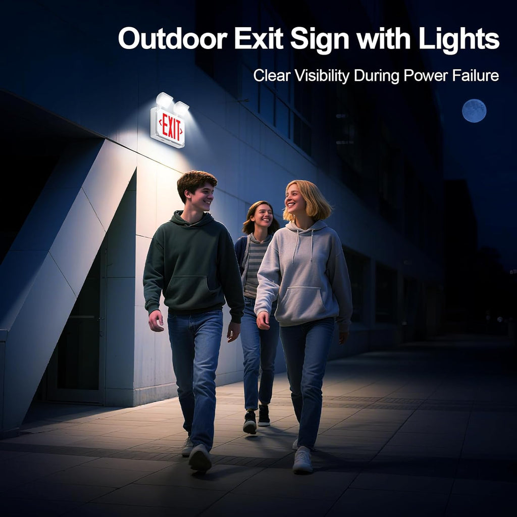 Wet Location Emergency Exit Signs with Adjustable Lights Battery Backup, UL Listed Double Face Exterior Led Exit Sign Combo, Hardwired Waterproof Red Exit Light, AC 120/277V, Wall/Side Mount (1 Pack)