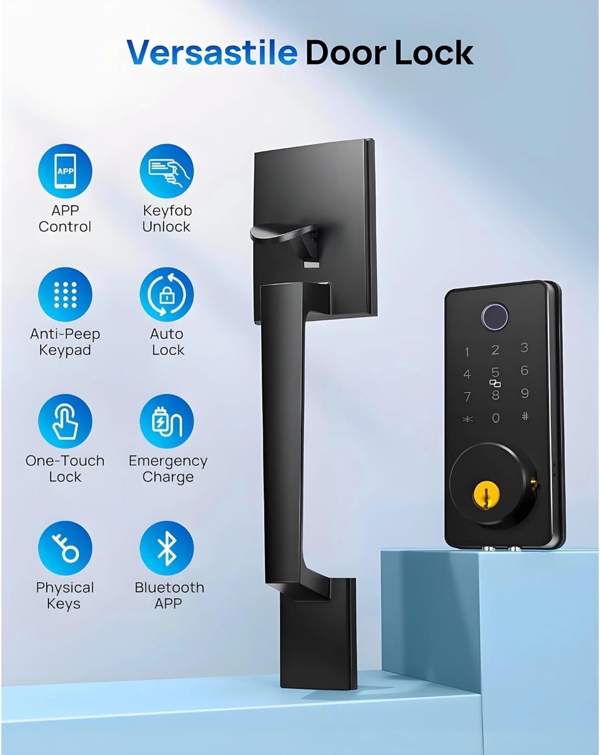 Smart Keyless Entry Door Lock Set w/Front Door Handle, 0.1s Fingerprint Biometric Unlock, Auto Lock, APP Remote/Passcodes/Cards Control, Keypad Deadbolt, Easy Install for Entry Bedroom