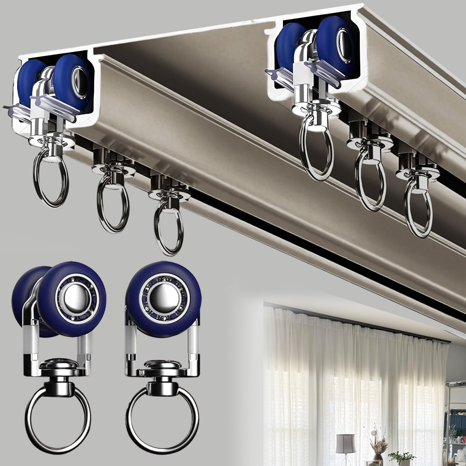 Double Curtain Track Ceiling Mounted, Heavy Duty Aluminum Sliding Rails for Curtains, Silent Double Curtain Track System for Drapes Room Dividers Living Room Bedroom (Champagne,5.2m(17.1ft))