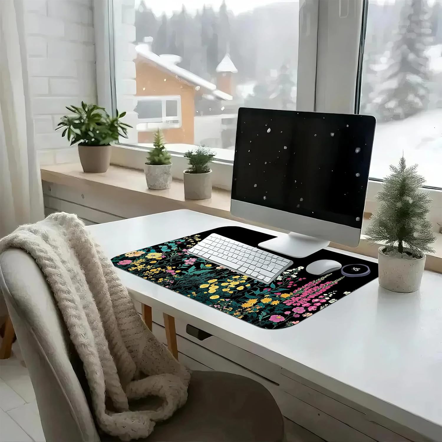 Heated Mouse Pad with 3 Temperature Settings(104°F–122°F),Large 24x14.2 Inch PU Leather Heated Desk Mat,Waterproof Warming Pad for Office,Gaming & Cold Hands Relief,Garden Flowers