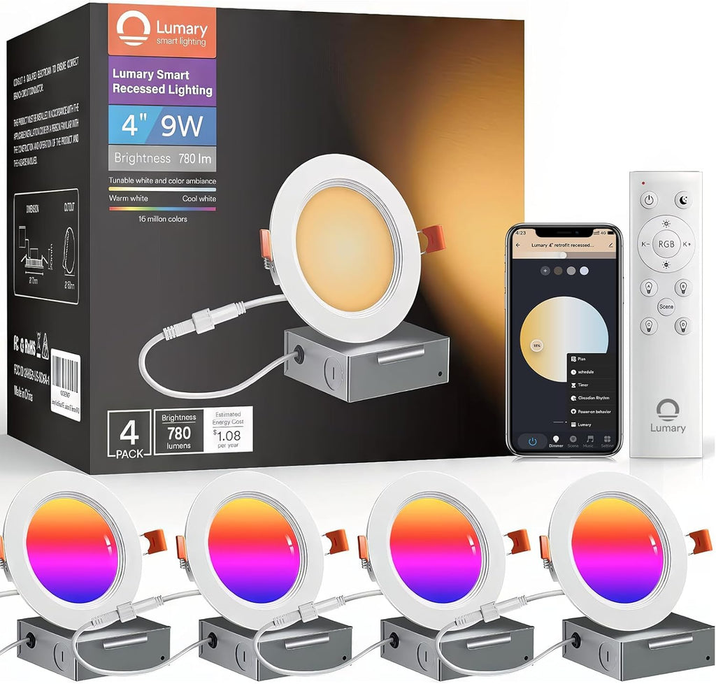 Lumary Smart Recessed Lighting 4 Inch with Remote, Compatible with Alexa/Google, Canless WiFi Led Wafer Recessed Lights, RGBWW Ceiling Downlight with J-Box and Metal Anti-Glare Baffle Trim, 4PACK