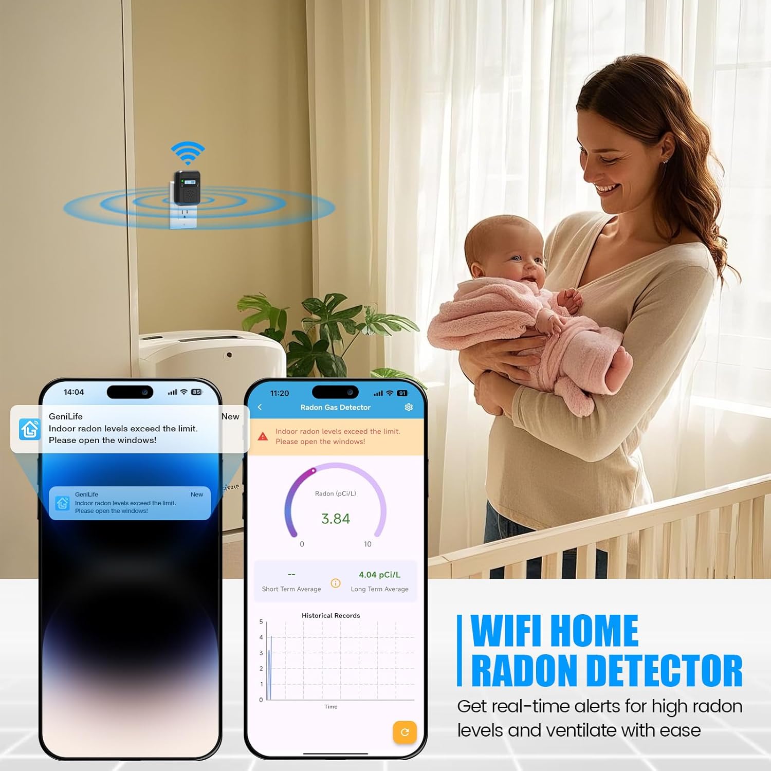 WiFi Home Radon Detector, Portable Radon Meter with Real-Time Short & Long-Term Monitoring, Plug-in Design, Instant Alerts & App Control