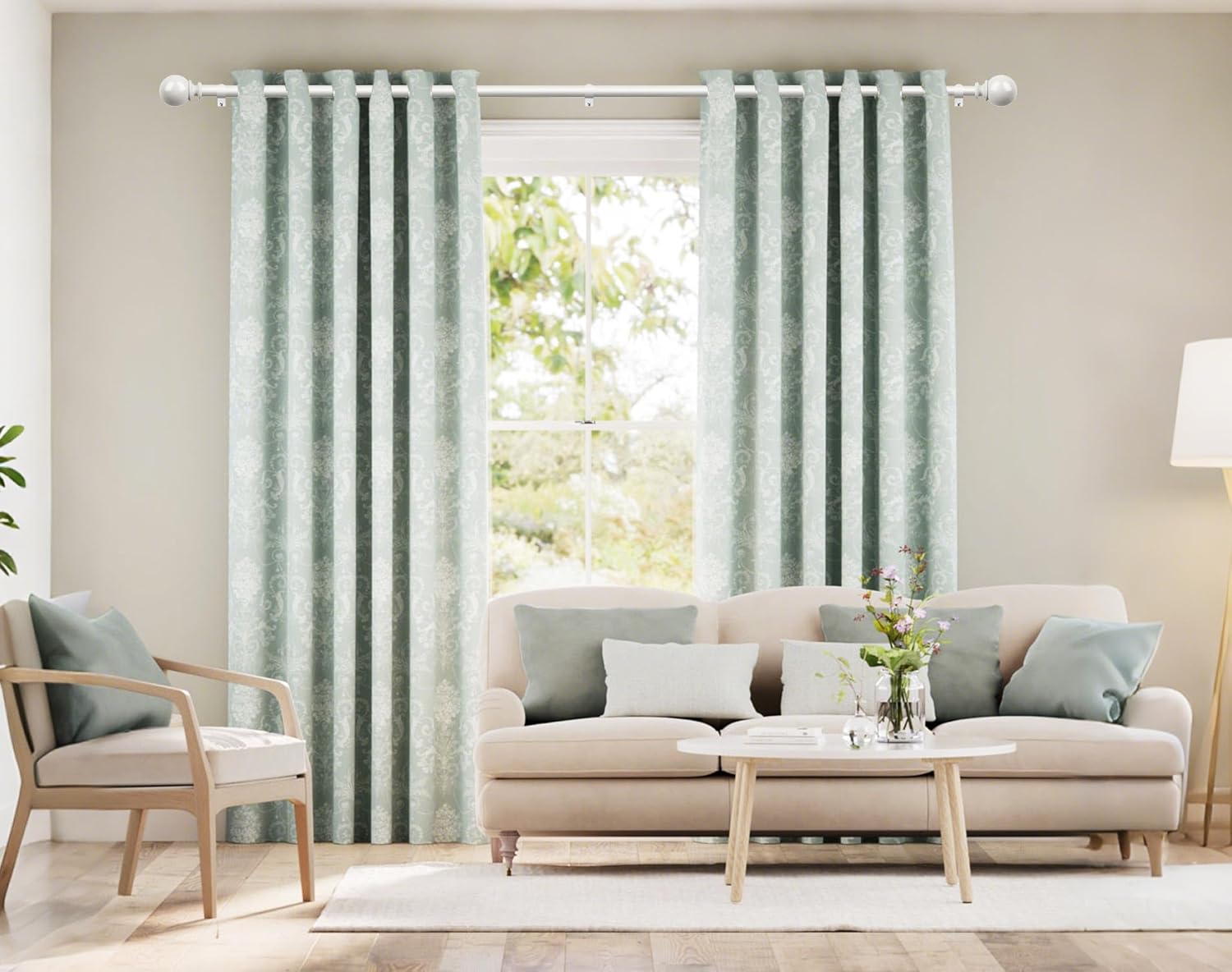 KAMANINA Curtain Rods 32 to 120 Inches (2.6-10ft), 7/8 Inch White Curtain Rods for Windows 66 to 120, Long Adjustable Drapery Rod with Round Finials