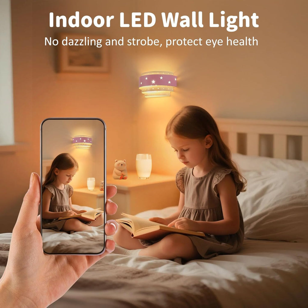 Lightess Pink Wall Sconce Battery Operated for Girls Room, LED Dimmable Wall Light Star, Cordless Wall Lamp for Children Bedroom Decor