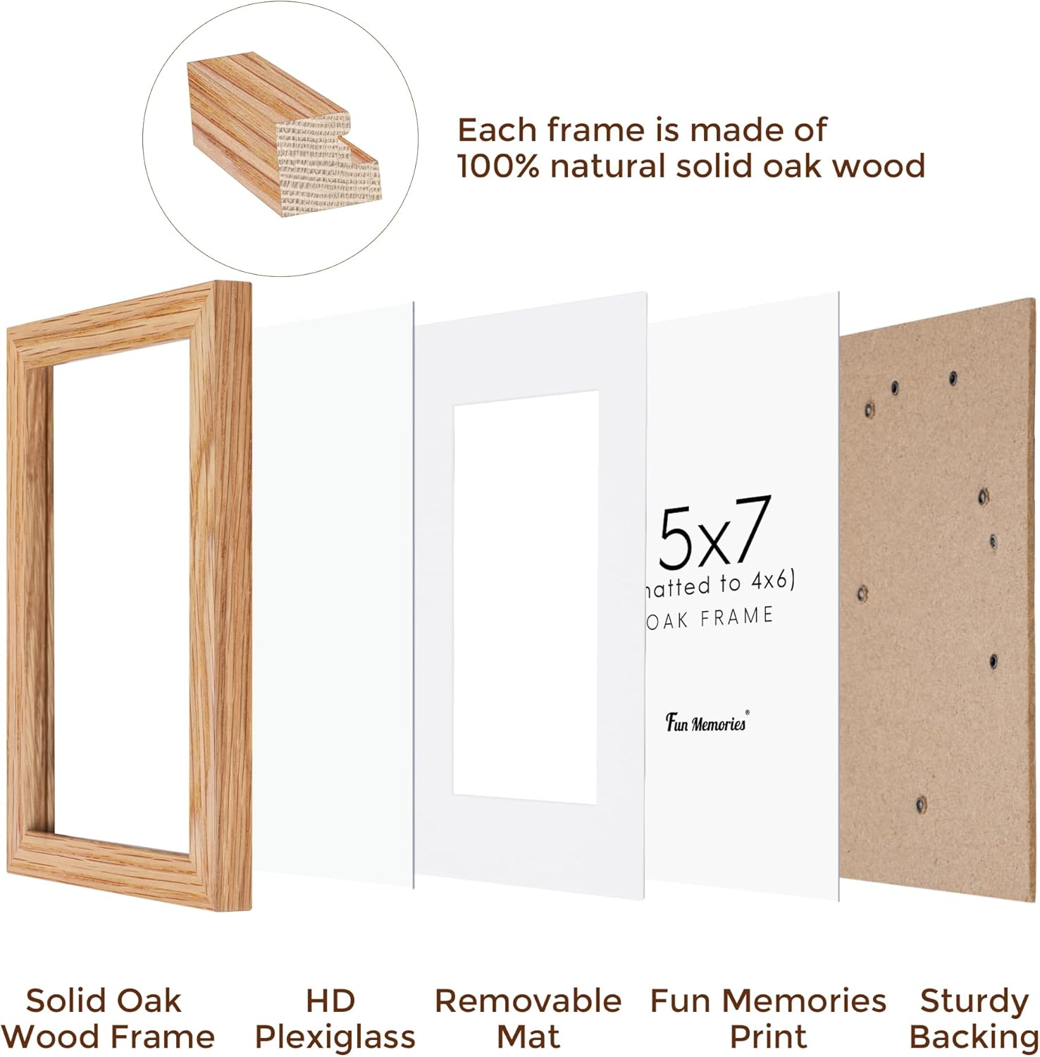 5x7 Picture Frame, Solid Oak Wood 5 x 7 Frame with Plexiglass, 5 by 7 Photo Frame for Wall & Tabletop Display, 5x7 Picture Frame Matted to 4x6, Natural Oak Color, 3 Pack