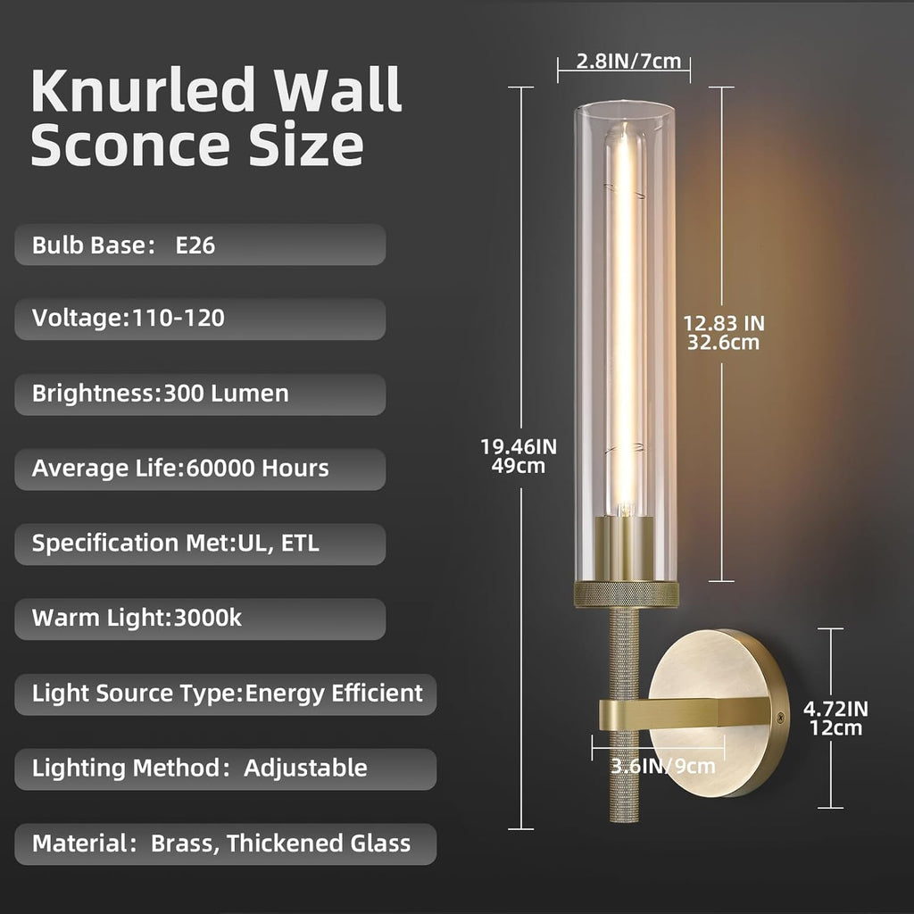Modern Brass Hardwired Wall Sconces, 21'' Knurled Bathroom Wall Sconce, Indoor Wall Sconce,Copper and Tube Glass Vanity Light, for Living, Bedroom, Hallway, Staircases, Include Bulbs
