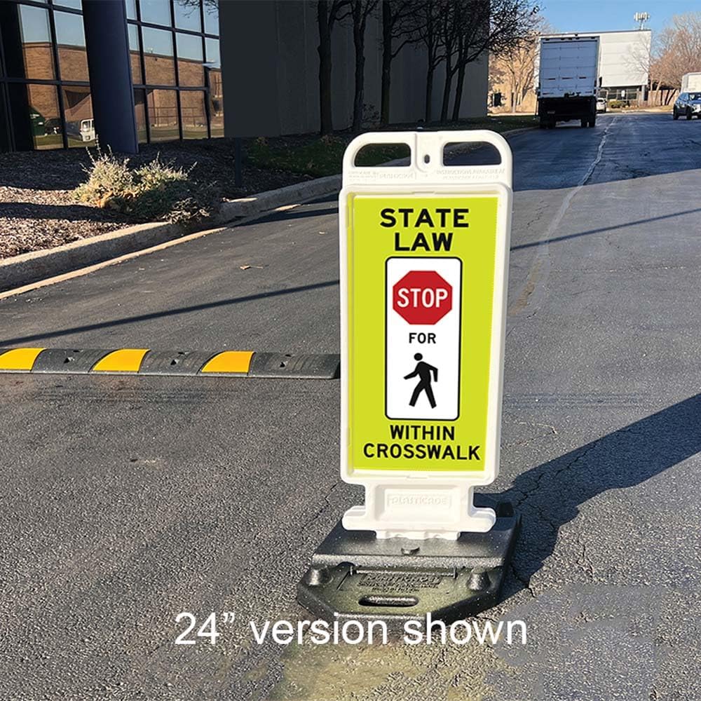 Plasticade Crosscade Crosswalk Sign, 24" Vertical Panel with 12x24 State Law Stop For Pedestrians Sign, Impact-Resistant Rubber Base, Diamond Grade Reflective Background and HIP Sheeting