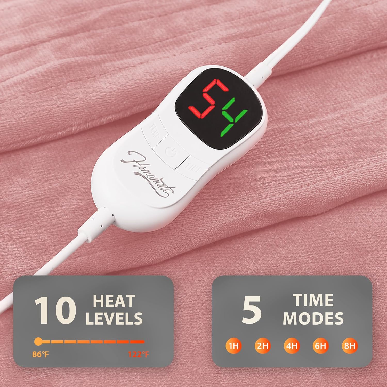 Homemate Electric Heated Blanket Queen Size - 84"x90" Heating Blanket Queen Size Dual Control 1/2/4/6/8 Hours Auto-Off 10 Heat Level Over-Heat Protection Flannel Sherpa ETL Certification