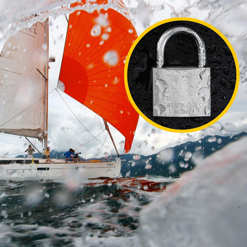 Stainless Steel Pin Tumbler Padlock, 304 Marine Series, Weatherproof Padlock for Outdoor use, 1-1/2 inch Wide Body, Keyed Alike Locks- Stainless Steel Body & Long Shackle-2 Pack