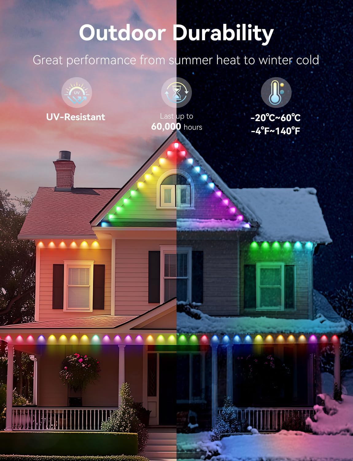 RGB+IC Permanent Outdoor Lights -Smart Eave Lights for House 200ft with 144 LED IP67 Waterproof Eternity Lighting for Daily Decor, Work with Remote, APP, Alexa, Google Assistant