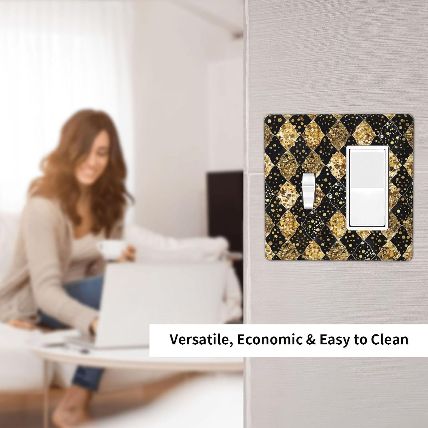Gold Black Marble Geometric Plaid Glitter Outlet Covers 1 Toggle 1 Rocker Combination Light Switch Cover Plate Decorative Wall Plate Electrical Switch Plates for Bedroom Bathroom Decor