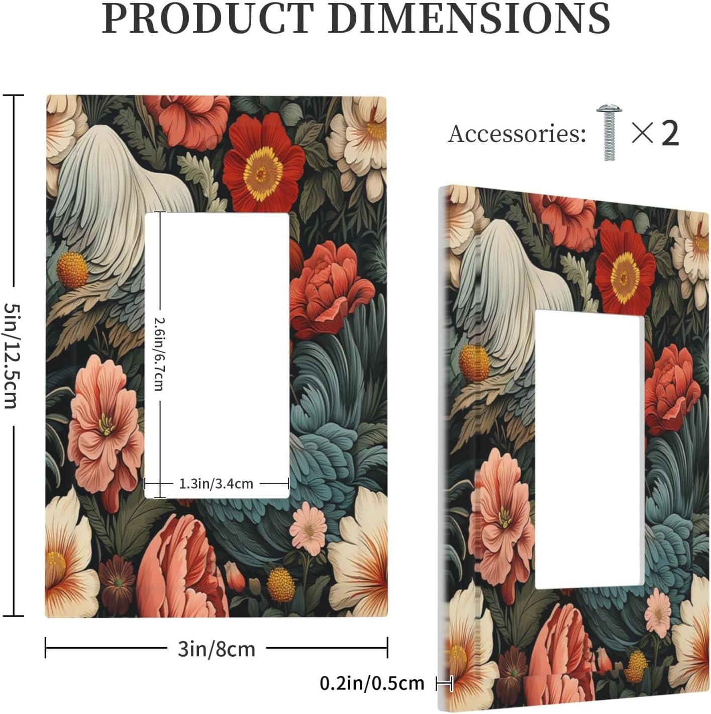 Decorative Outlet Covers Rooster Flowers Red White Chicken Floral 1 Gang Single Rocker Light Switch Cover Plate Wall Plates GFCI Faceplate for living Room Farmhouse Decor