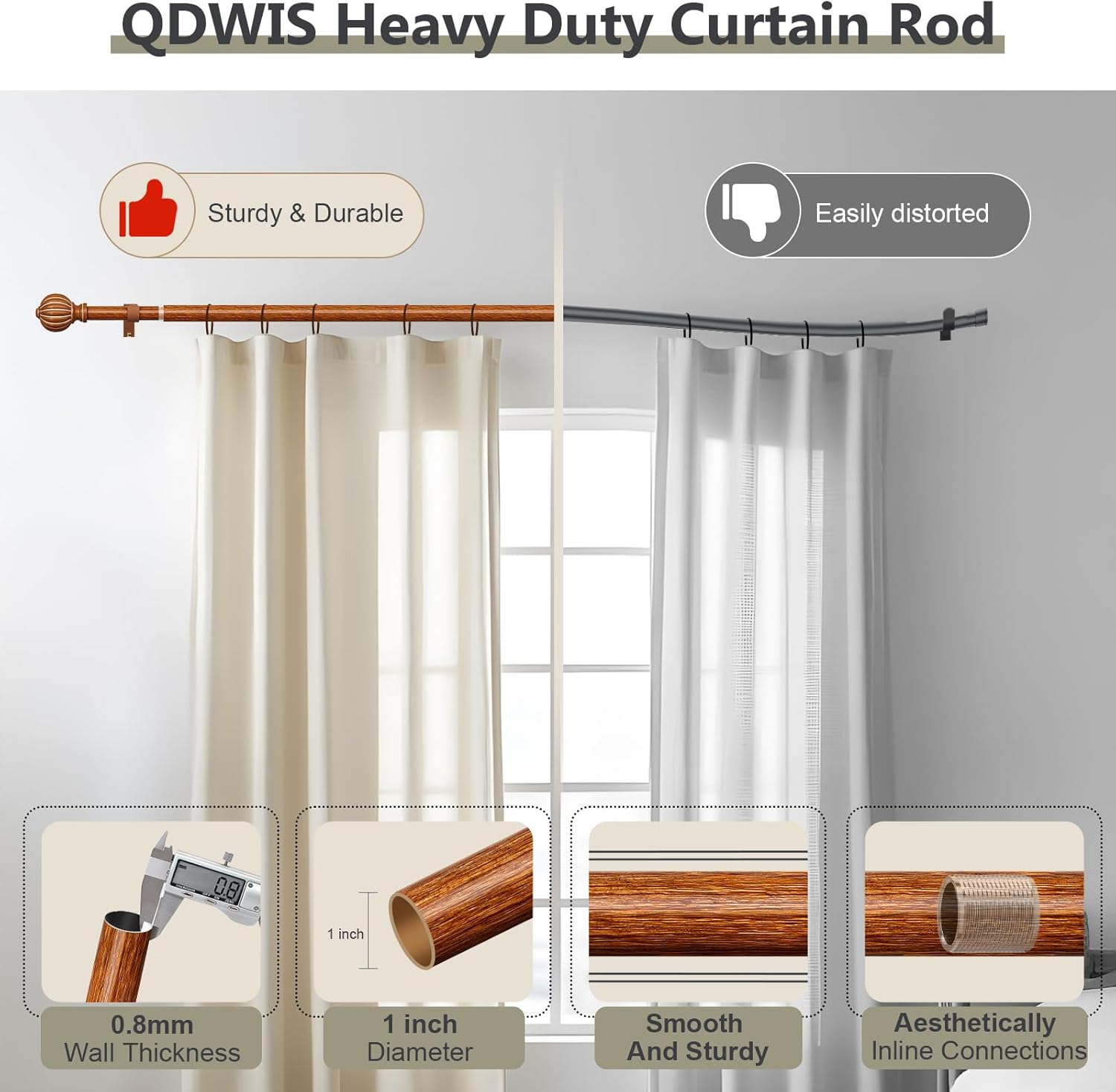 Imitation Wood Curtain Rods for Windows 48 to 84 Inch, 1 Inch Adjustable Heavy Duty Decorative Drapery Rods with Classic Finials, Dark Imitation Wood Window Curtain Pole, Size 36-88''