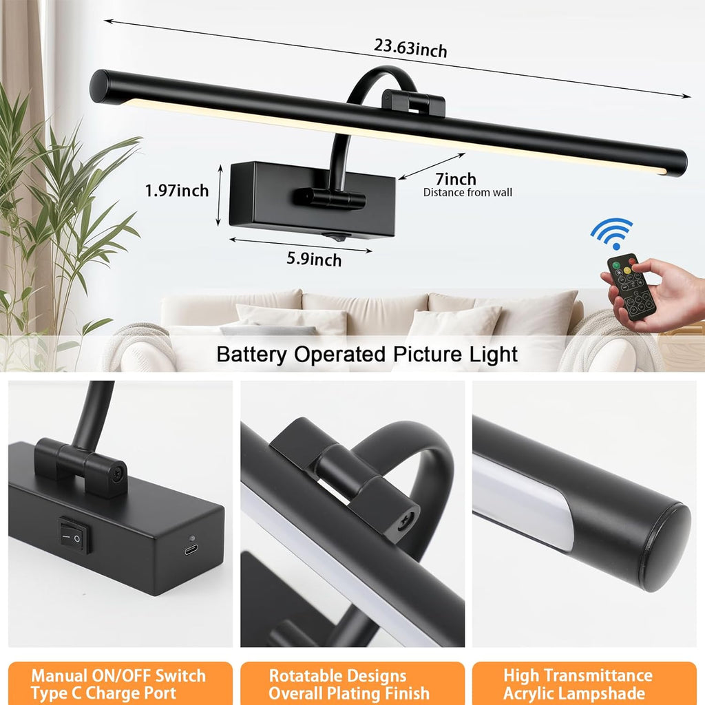 Picture Light Battery Operated with Remote, 3CCT Dimmable Picture Light for Paintings, Black Rechargeable 24 inch Battery Operated Wall Sconce for Art Lighting Gallery Portrait Artwork