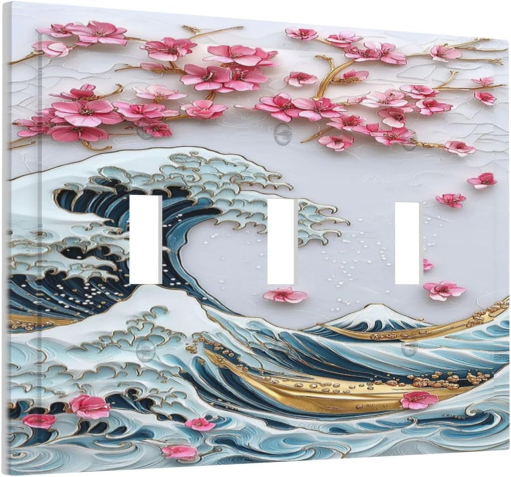 Decorative Switch Plates The Great Wave Off Kanagawa With Sakura 3 Gang Wall Plate Triple Toggle Light Switch Cover Faceplate Electrical Wall Panels for Bedroom Bathroom Decor