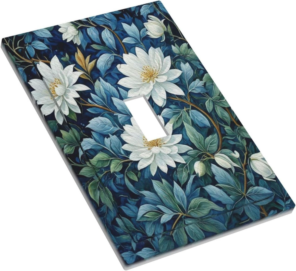 White Flowers Green Leaves Light Switch Covers 1 Gang Single Toggle Wall Plate Decorative Switchcover Electrical Switchplate for Country Living Decor
