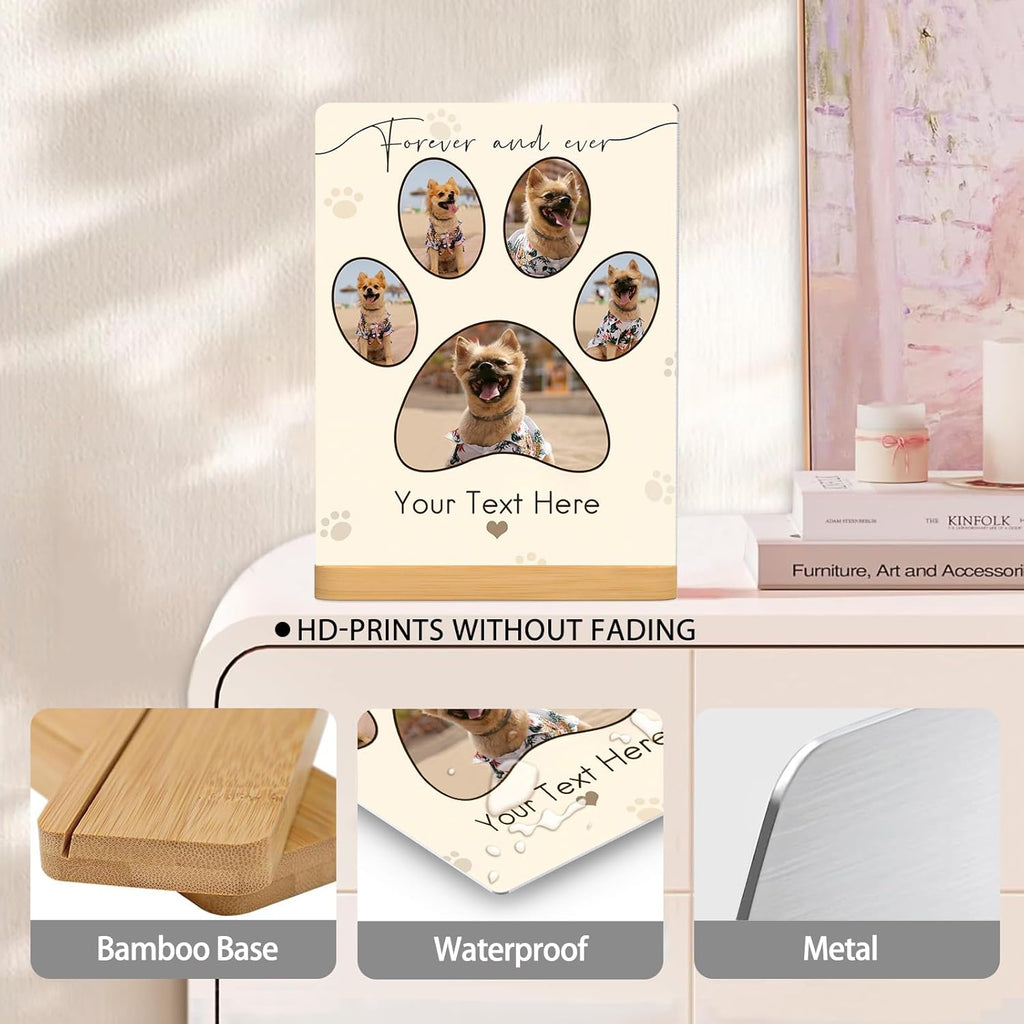 Custom Photo Prints - Metal Desktop Picture Frame with Photos & Text & Wooden Base Personalized Gifts for Cats Dogs and Pets, Optional Multiple Sizes