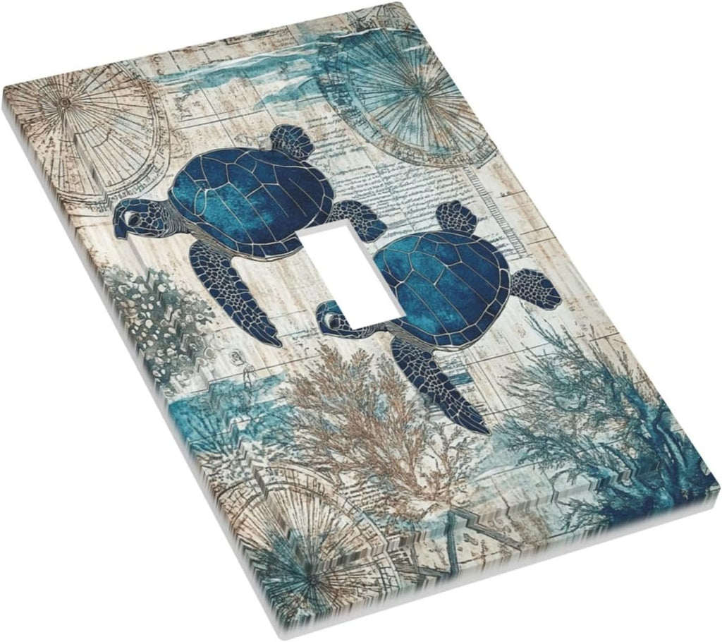 Blue Green Sea Turtle Tropical Ocean Coral Nautical Map Decorative Light Switch Cover 1 Gang Single Toggle Device Electrical Faceplate Switchplates Decorator Outlet Wall Plate For Bed Room Bathroom