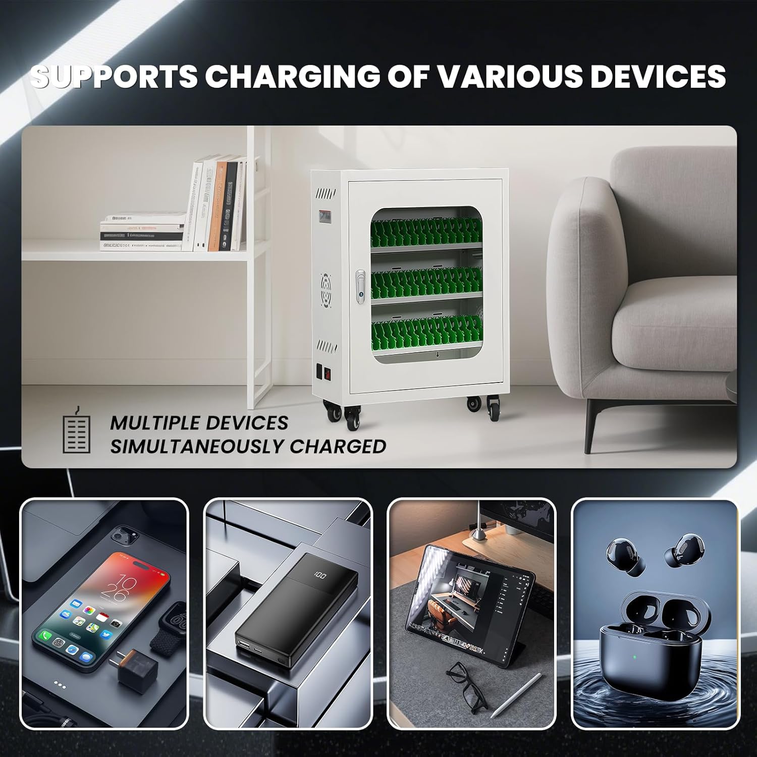 50 Device Cell Phone Charging Stations, Mobile Phone Charging Cabinet, Cellphone USB Charging Station Lockers, Rechargeable Cellphone Locker Storage Charging Station (White, 50 Slots)