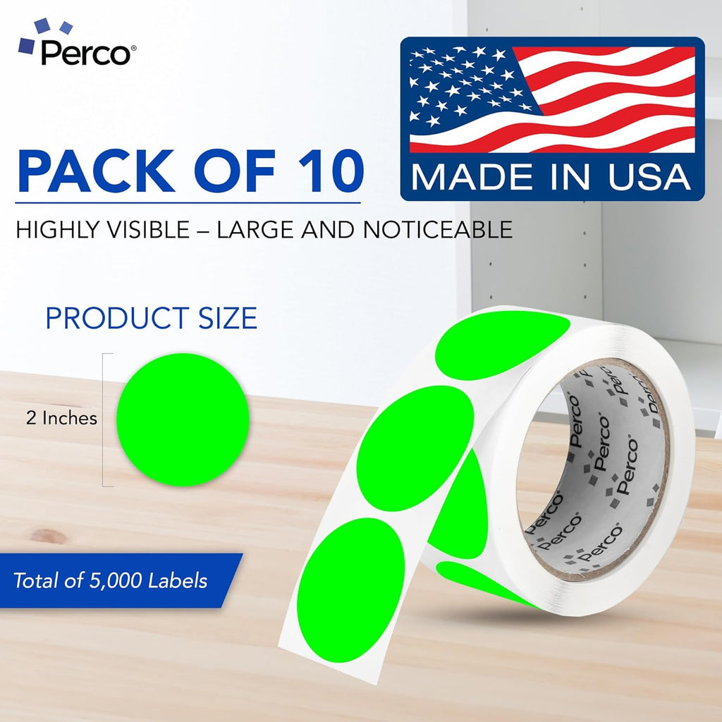 Perco Fluorescent Green 2-Inch Perforated Circle Dot Sticker Labels — 10 Rolls, 5,000 Round Stickers — with Permanent Adhesive for Organizing, Color Coding, Bin Labeling, Packaging Alerts—Made in USA